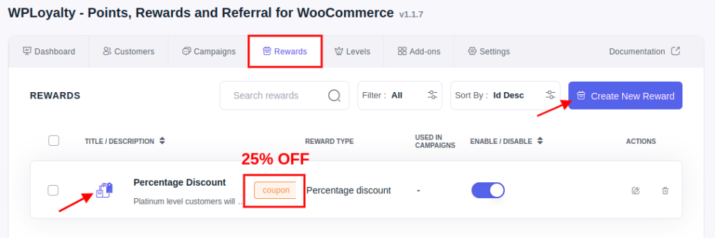 create new rewards on percentage discount