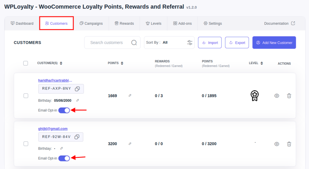 Customers dashboard