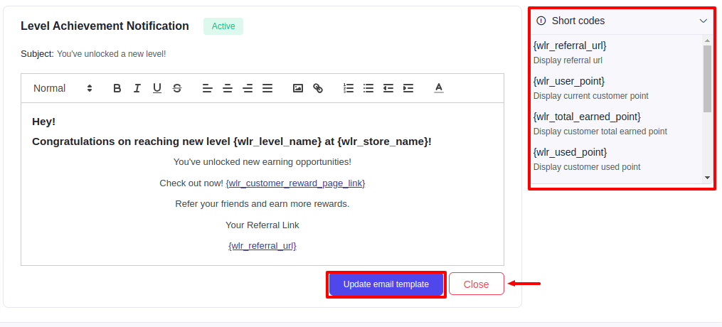 Editing email message for Level Achievement Notification