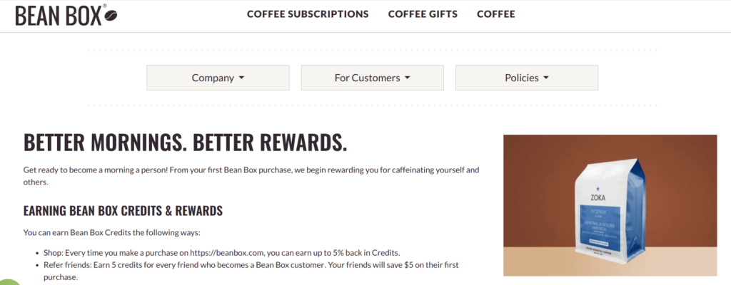 Bean Box coffee rewards program homepage with credits and rewards earning criteria