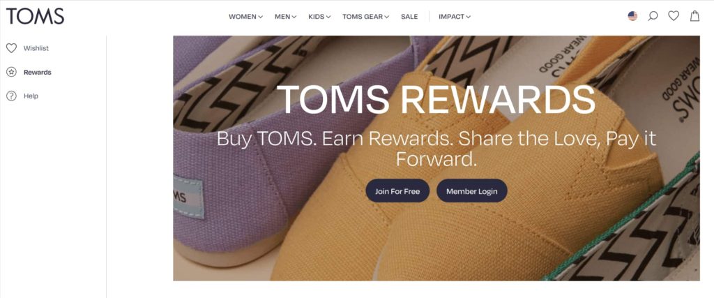 TOMS Rewards program banner with loyalty program benefits