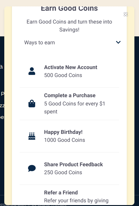 The Good Chocolate” rewards program interface showing point-earning options