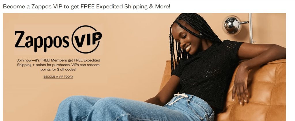 Zappos VIP program banner with points and free shipping rewards