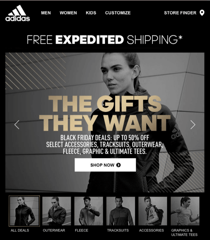 Email template of Adidas during Black Friday