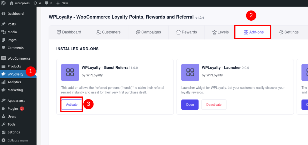 Guest Referral Add-on on WPLoyalty dashboard
