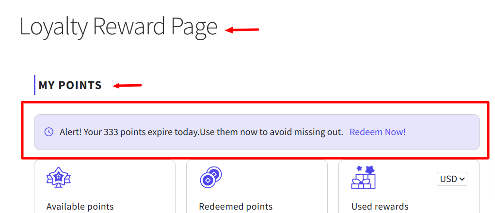 Points expiry alert message in Loyalty Reward page