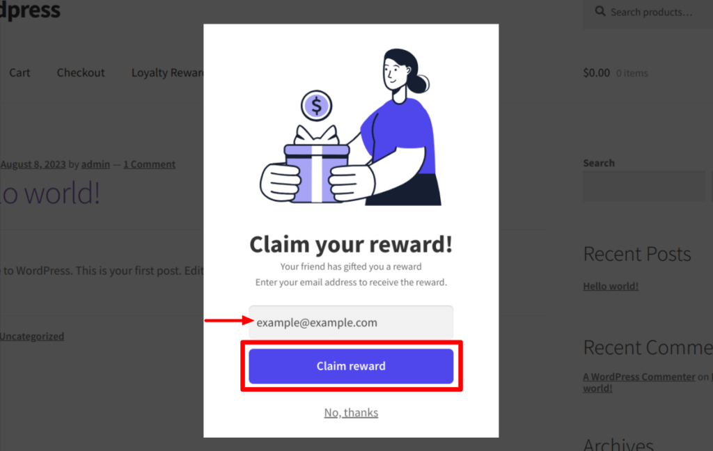 Claim reward pop-up
