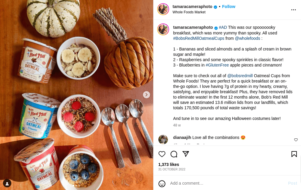 User's post featuring a “Whole Foods” brand's products in a Halloween setting