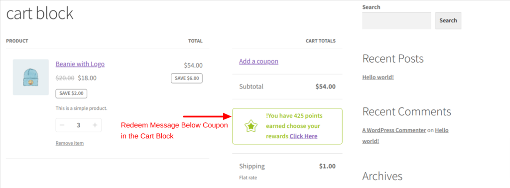 Below Coupon in Cart Block - Earn Message