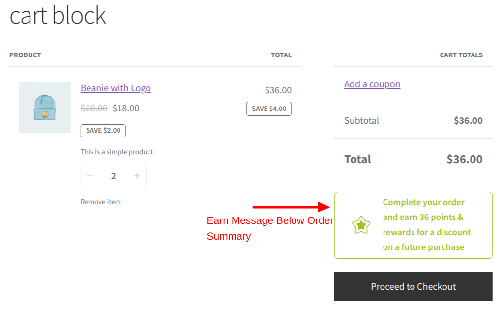 Below Order Summary in Cart Block- Earn Message