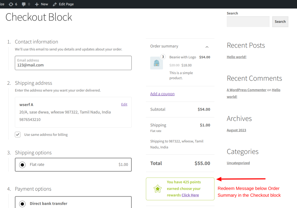 Below Order Summary in Checkout Block - Redeem Message