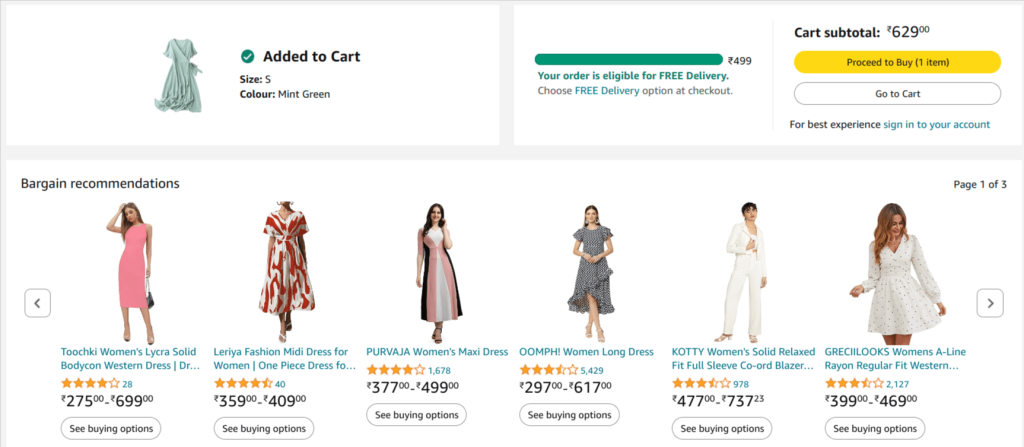 Amazon’s example of cross-sell and upsell products during checkout.