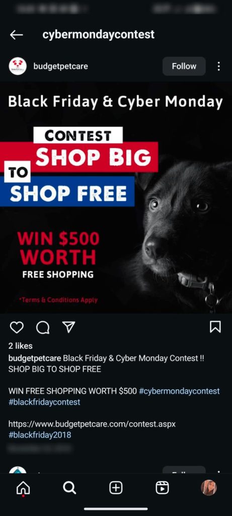 BudgetPetCare's Instagram post announcing a Cyber Monday giveaway