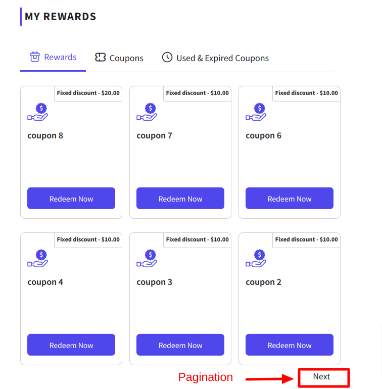 Customer reward page pagination