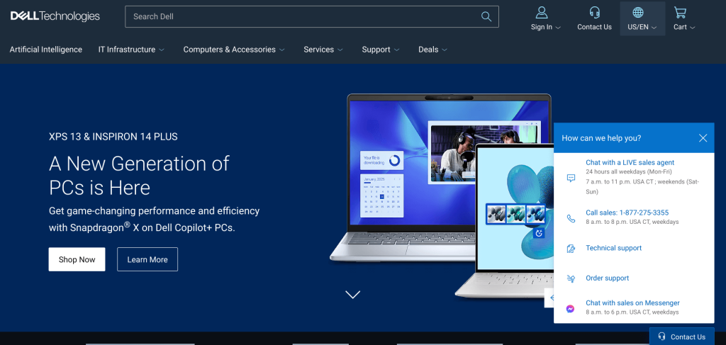 Dell's website featuring a live chat widget with the clear message