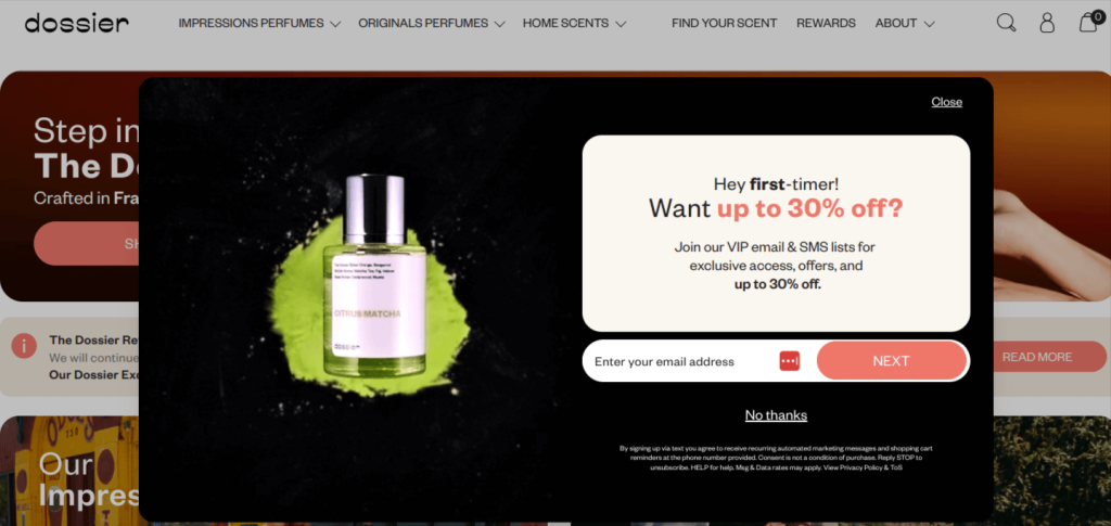 Dossier's website with an exit-intent pop-up displaying 'Want up to 30% off?’ with exclusive access and offers