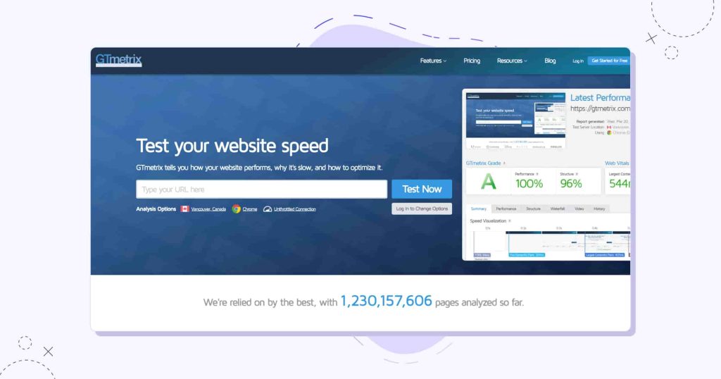 GTMetrix website speed check tool