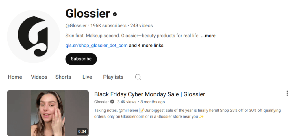 Glossier's YouTube video thumbnail showcasing 'Black Friday Cyber Monday Sale