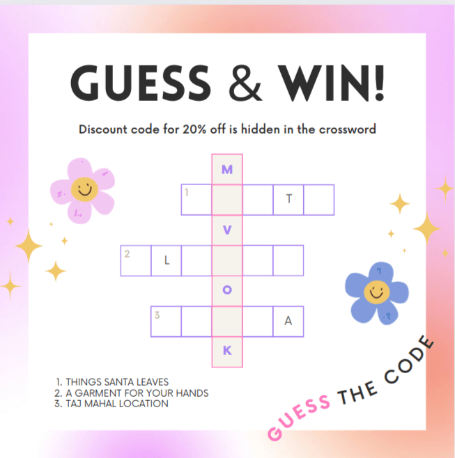 Guess & Win” puzzle with a discount code of 20% off hidden in the crossword