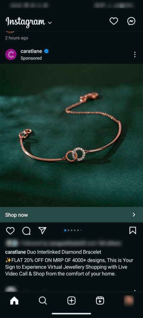 Instagram retargeting ad from Caratlane showing the products the user previously viewed.