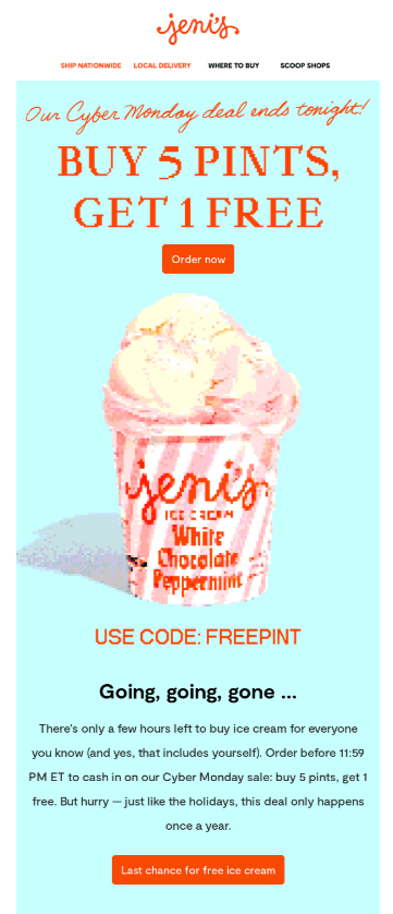 Jeni’s Ice creams’s Cyber Monday deal email with a clear CTA and discount code.