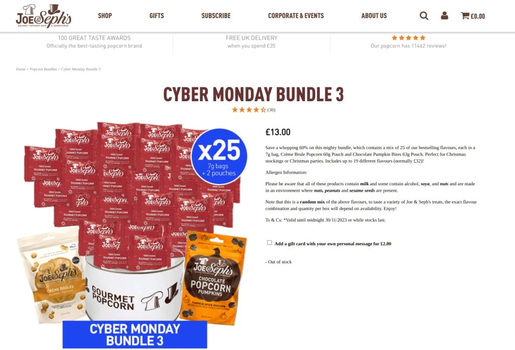 Joe & Seph’s Cyber Monday bundle deal featuring different popcorn pouches at a discounted price