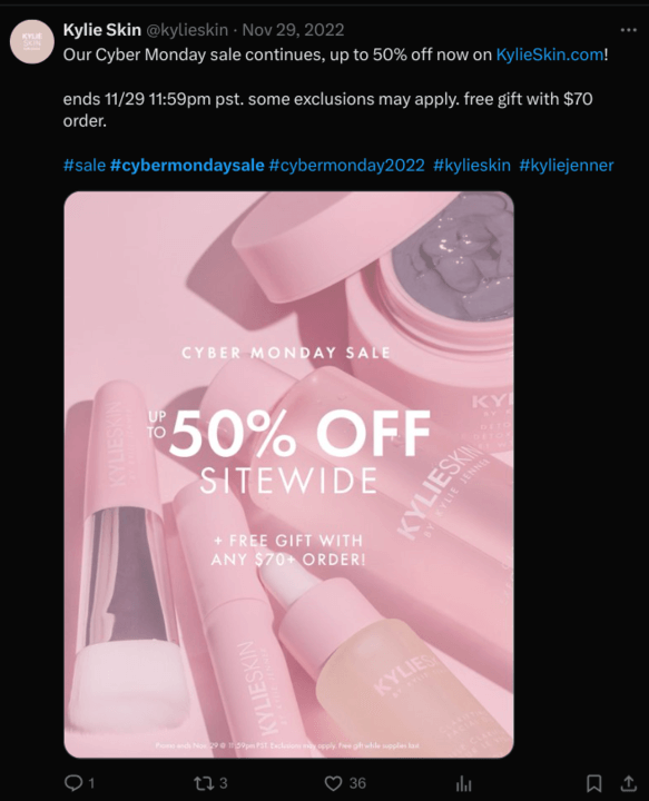 Kylie Skin's Twitter post announcing a Cyber Monday flash sale with product image, and discount percentage.