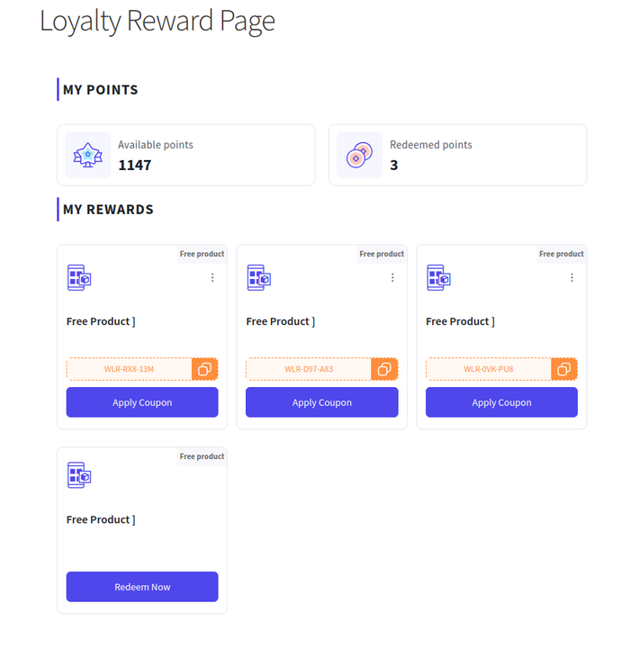 Old template of the loyalty reward page