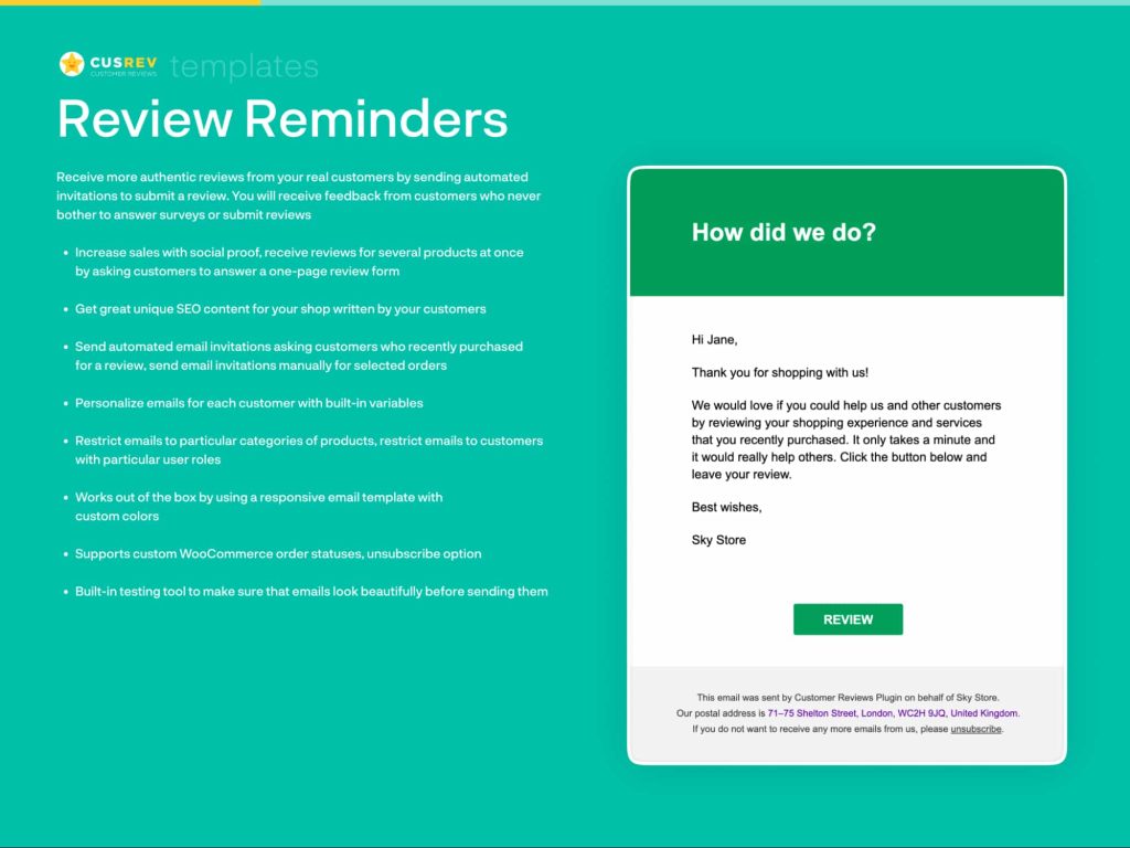 Review reminders feature of CusRev