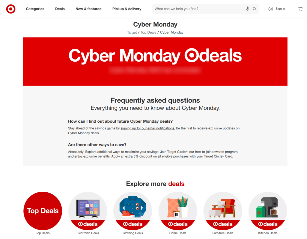 Target's Cyber Monday landing page with categorized deal sections