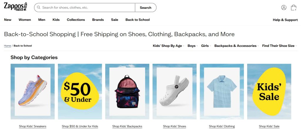 Zappos Shopping banner highlighting free shipping, free returns, and 365-day return policy