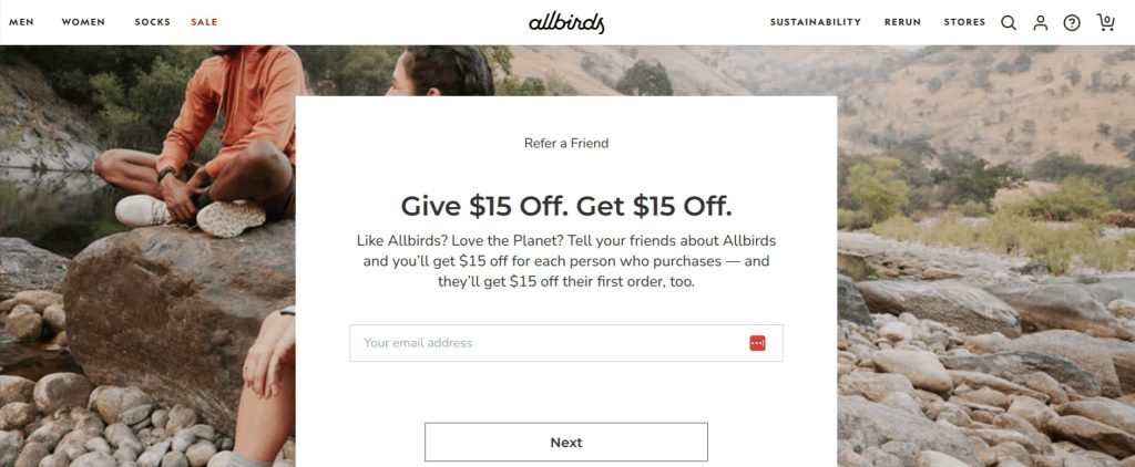 All bird's referral landing page highlighting the "Give $15, Get $15" offer
