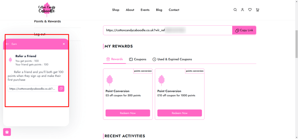  Cotton Candy Caboodle’s referral widget with 100 points referral rewards for both referrer and friend.