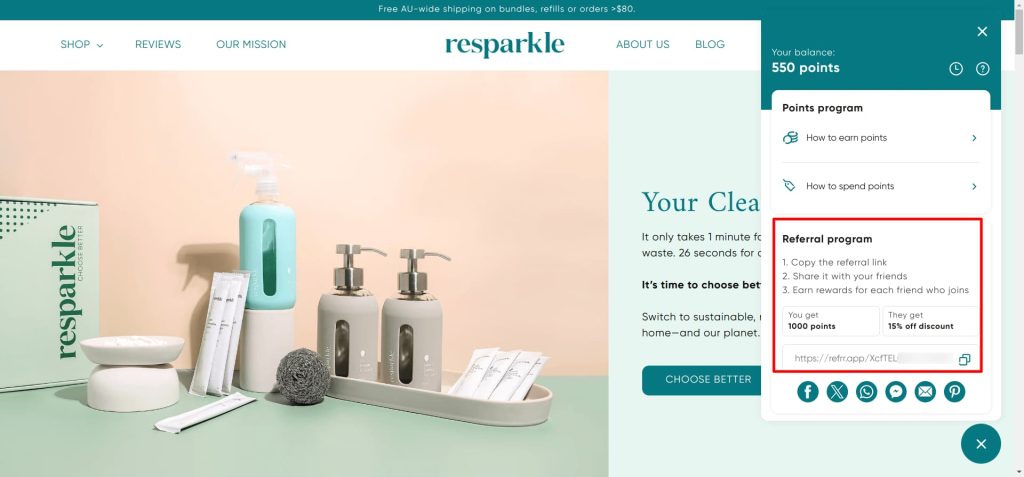 Resparkle's referral program interface displaying share options and 15% discount reward for referring friends