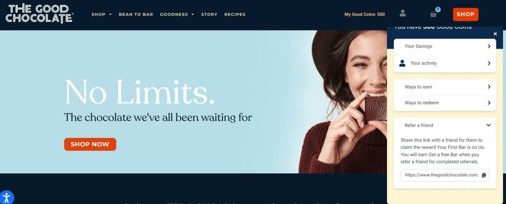 The Good Chocolate's referral program interface showing 'Ways to Earn' and 'Refer a Friend' options for chocolate ecommerce members.
