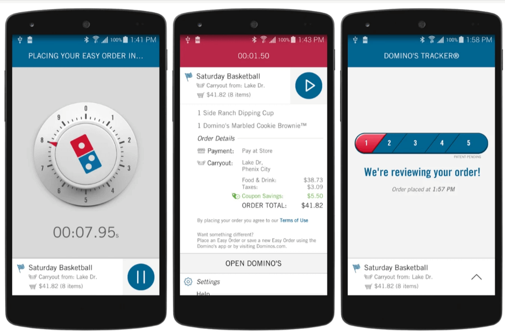 Domino’s mobile app showcasing m-commerce features like customizing orders, tracking delivery in real time, and reordering with a single tap