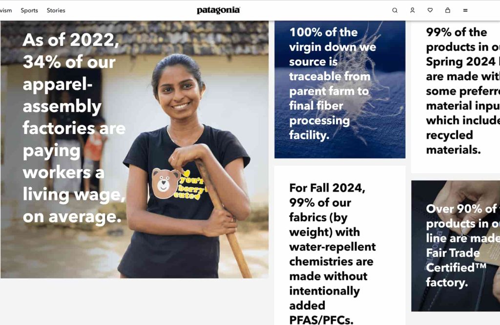 Patagonia’s “out footprint” page with recycled or organic materials in its products.