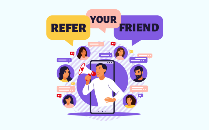 'Refer Your Friend' program, showing a person with a megaphone inside a phone, surrounded by icons representing friends and communication