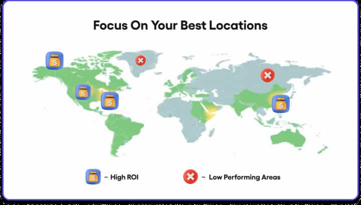 World map highlighting high ROI regions with shopping bag icons and low performing areas with X marks, showing strategic location targeting