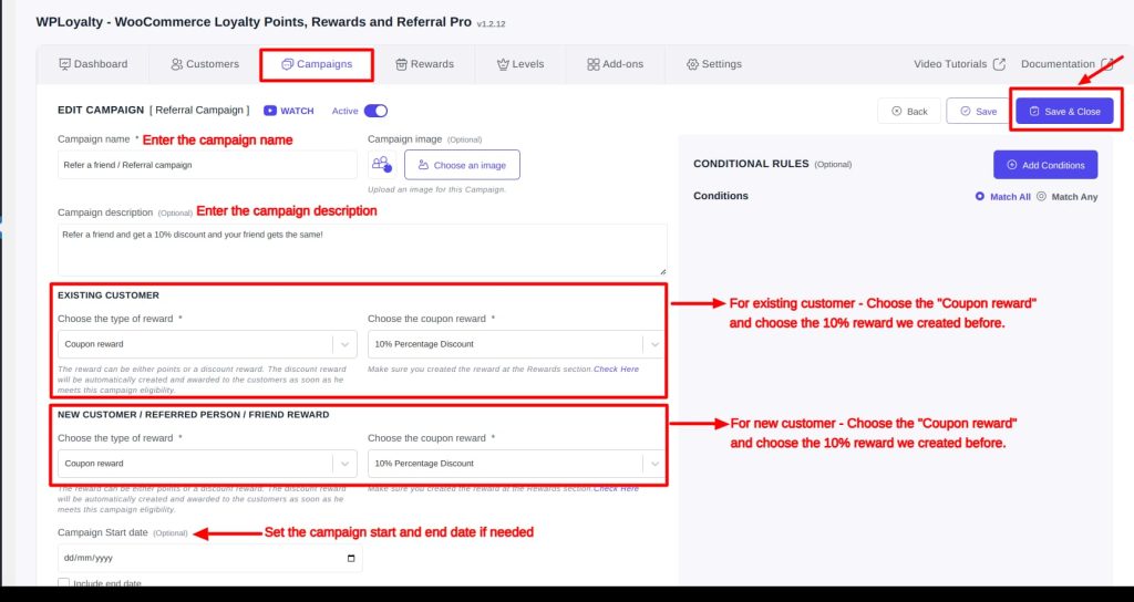 'Edit Campaign' settings in WPLoyalty, where you can set campaign name, description, rewards for existing and new customers, start/end dates, and save changes