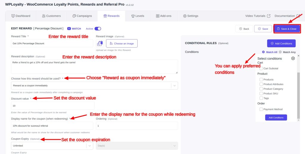 ‘Edit Reward’ settings in WPLoyalty, where you can customize reward title, description, type, discount value, expiration, and apply preferred conditions before saving.