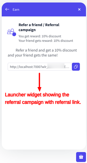 Launcher widget in WPLoyalty displaying the Referral program created