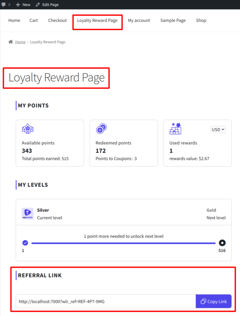 Loyalty Rewards Page showing the referral link and earning opportunities