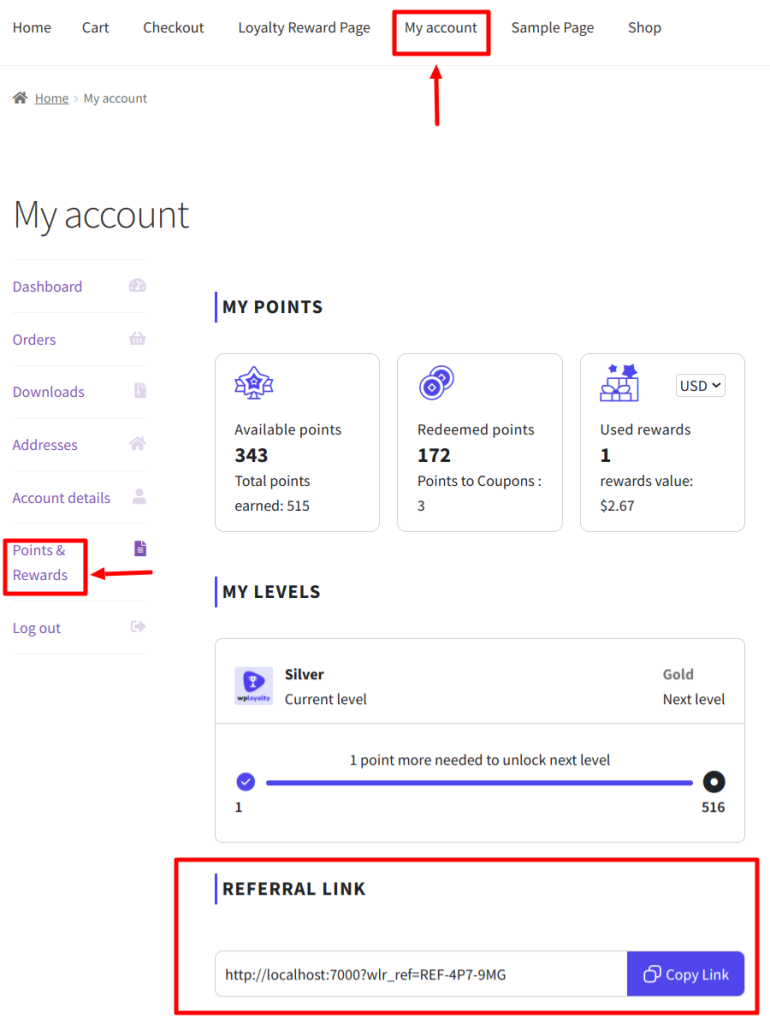 My Account -> Points & Rewards section in WPLoyalty showing the referral program with referral link