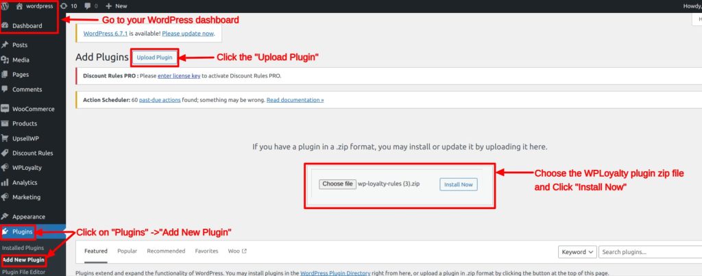 Steps to upload and install the WPLoyalty plugin in WordPress