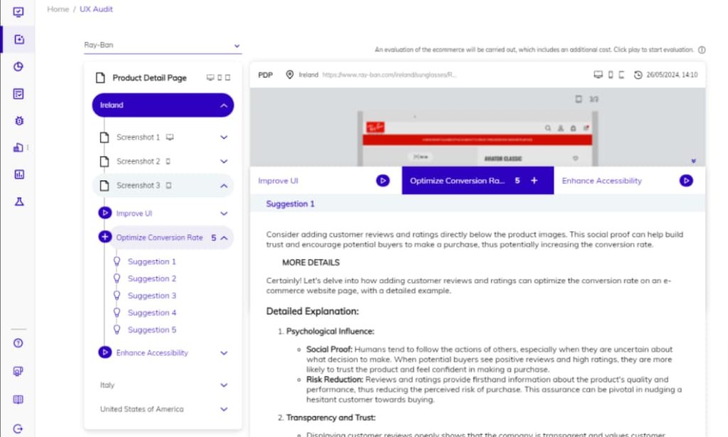 UX audit dashboard with suggestions for improving eCommerce customer experience