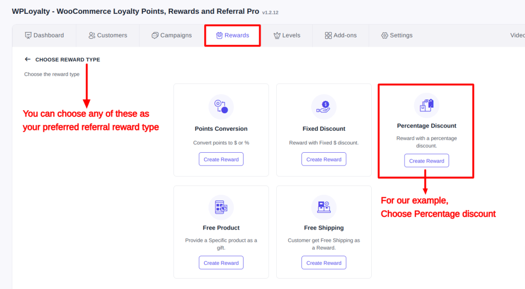 WPLoyalty's 'Rewards' tab highlighting 'Percentage Discount' reward selection.