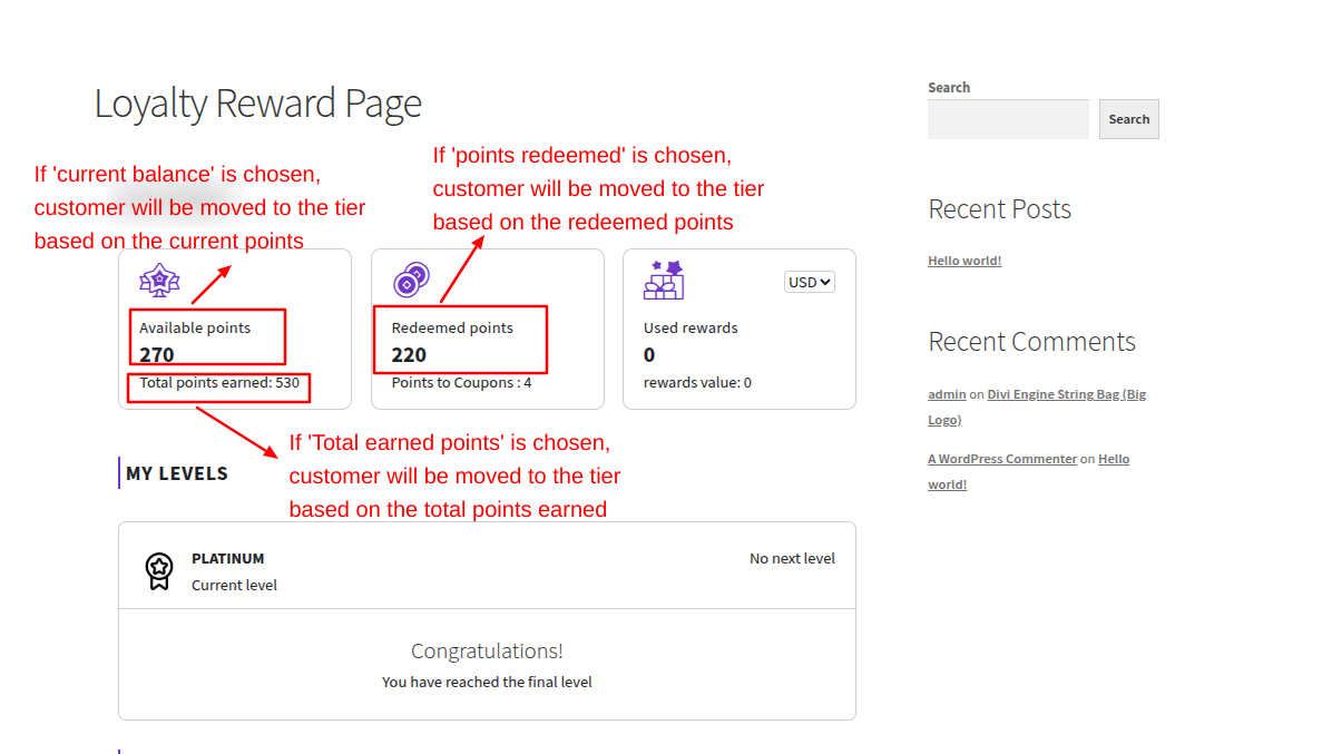 Loyalty reward page showing the tier advancements based on the configuration