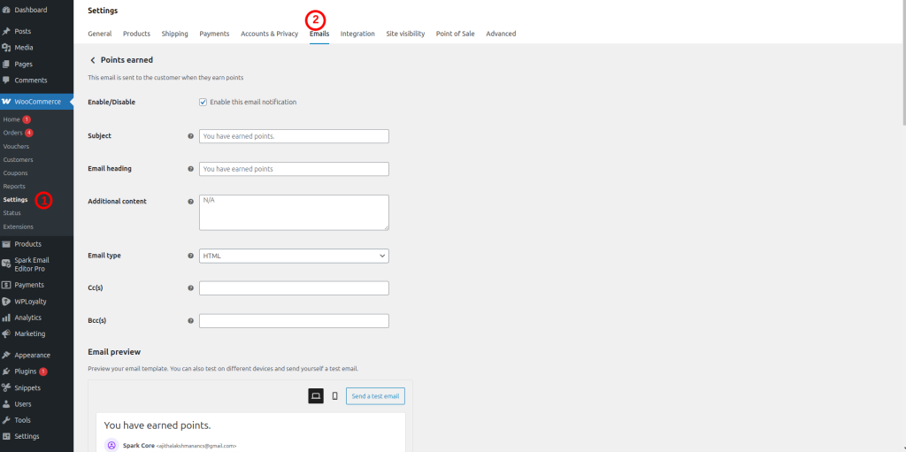 Wordpress Dashboard Email Settings in WooCommerce 