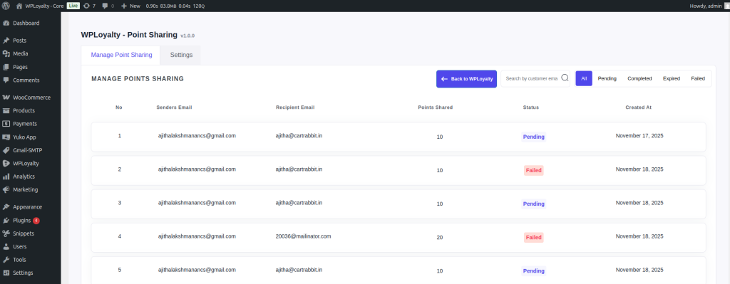 Customers can view all their shared and received points under Manage Shared Points